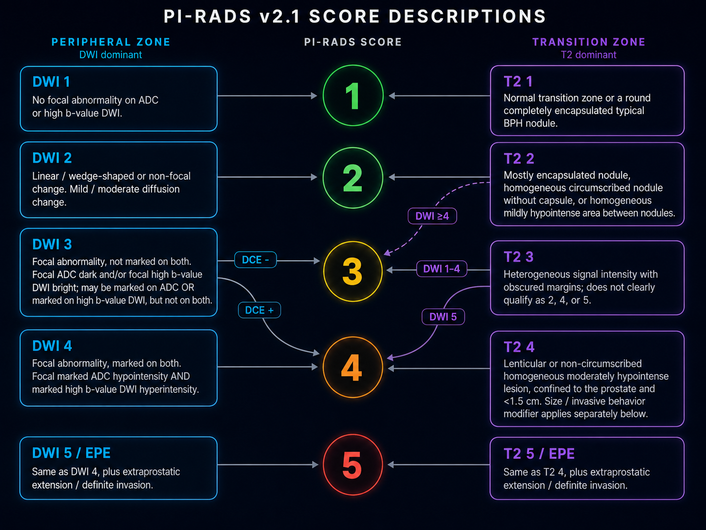 PI-RADS v2.1 score descriptions chart showing peripheral zone and transition zone decision logic