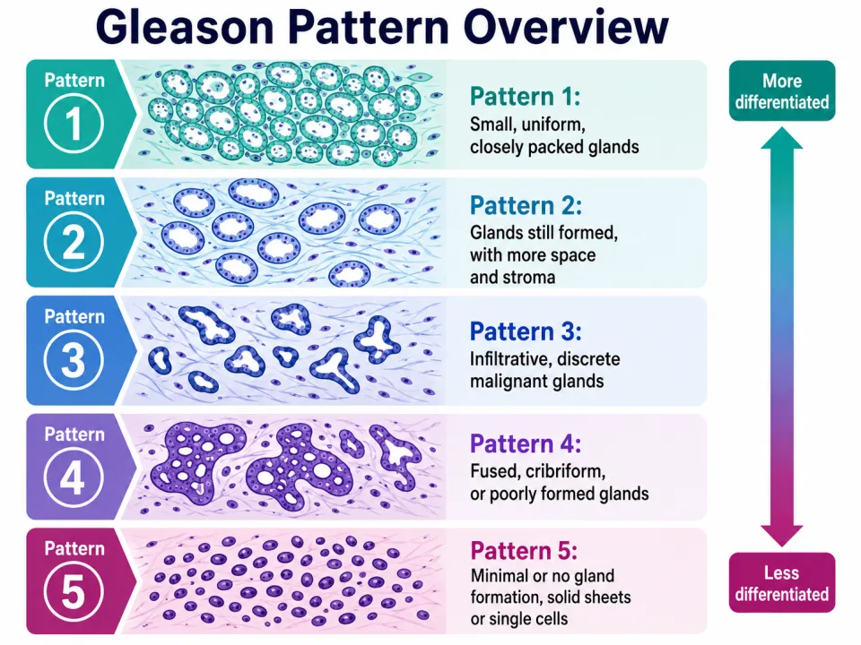 Gleason pattern overview showing progressively less differentiated prostate cancer gland architecture