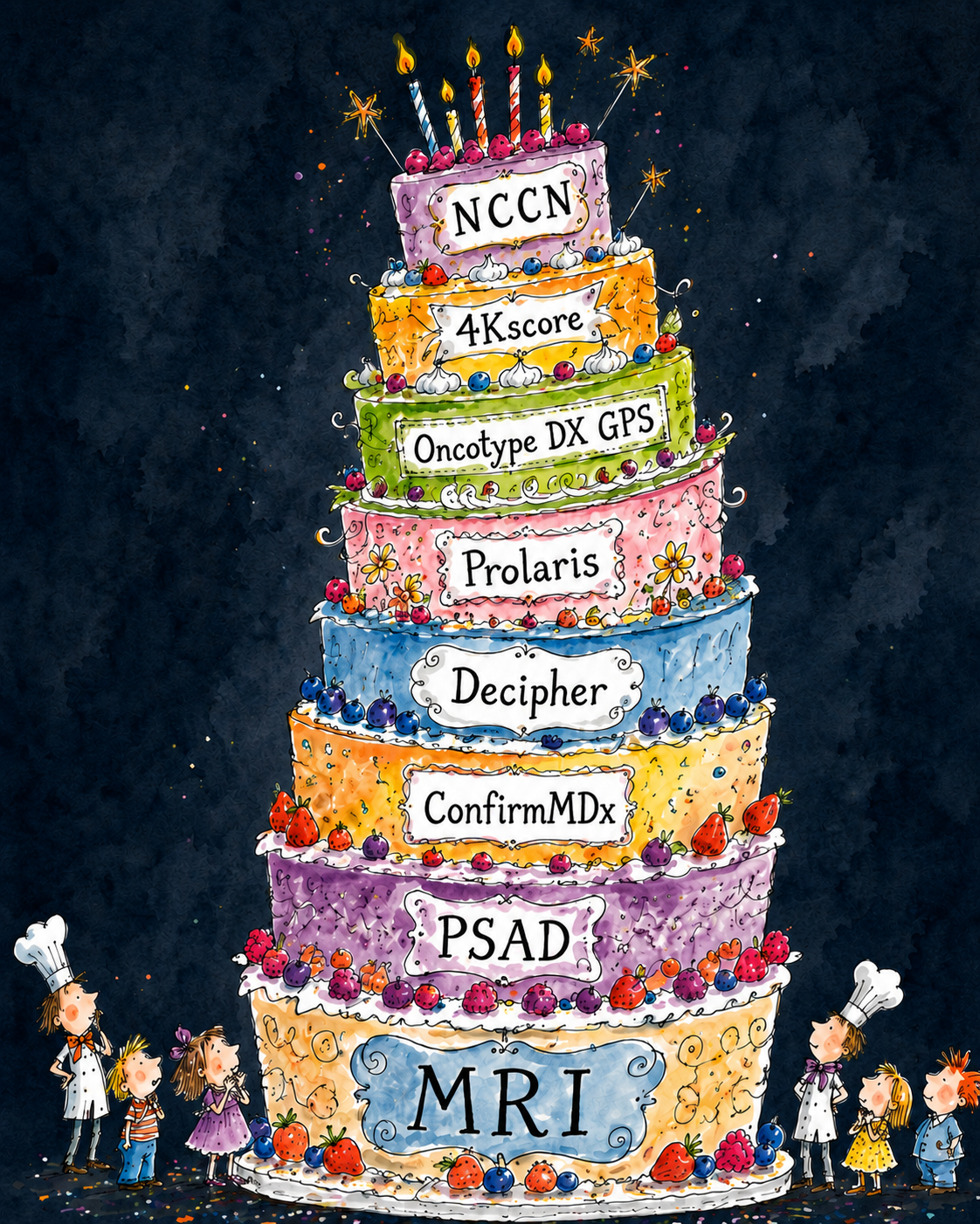 Prostate cancer risk assessment cake illustrating clinical, imaging, pathologic, genomic, and biomarker inputs